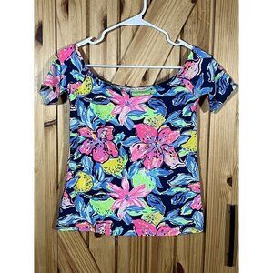 Lilly Pulitzer Womens Off Shoulder Short Sleeve Floral Shirt Pink Blue Size XS